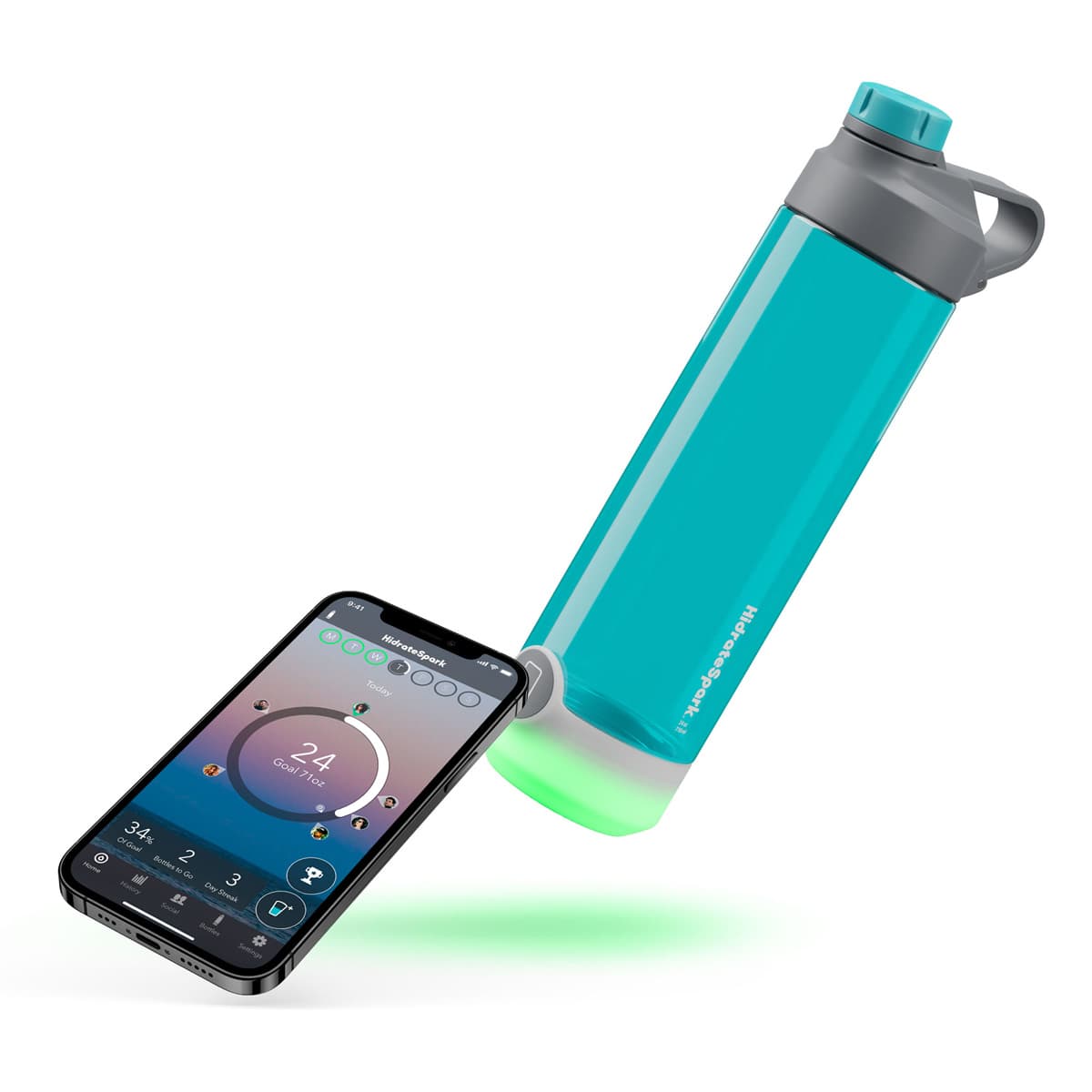 a blue water bottle with a grey cap